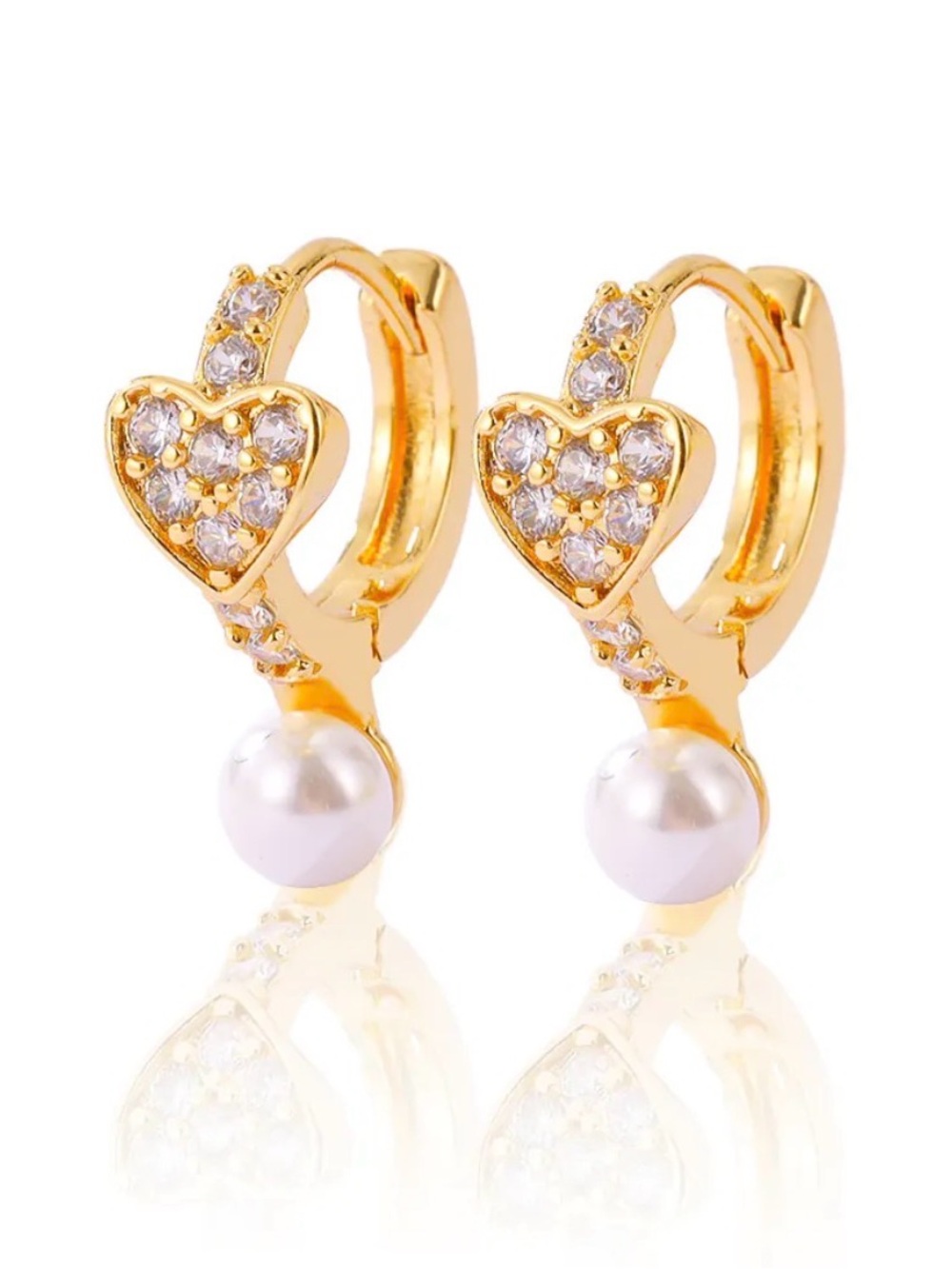 18k Gold plated Heart Crystal Hoop Earrings with Pearl Drop